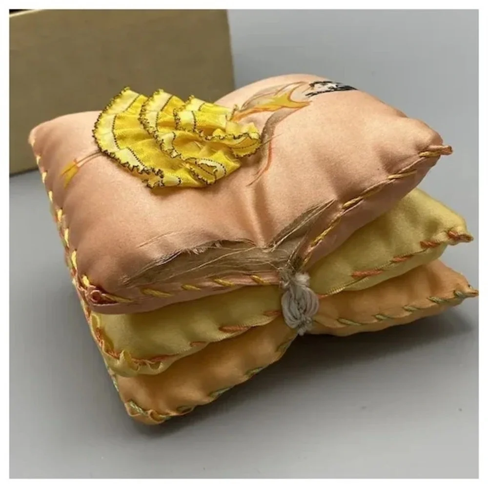 Vintage Handpainted Pillow Style Pincushion Girl‎ Ruffled Dress AS IS